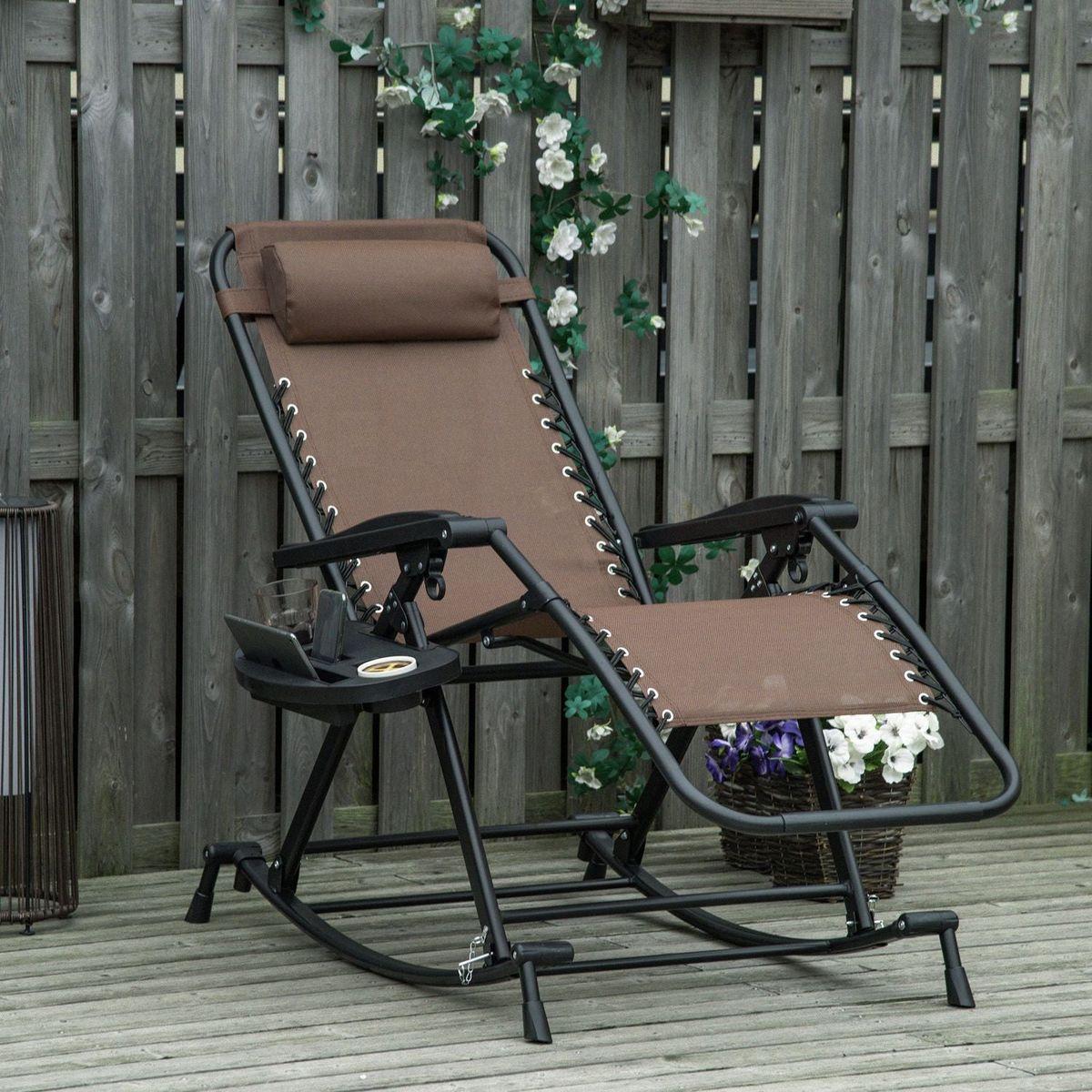 Outdoor Rocking Chairs, Foldable Reclining Zero Gravity Lounge Rocker w/ Pillow, Cup & Phone Holder, Combo Design w/ Folding Legs, Brown