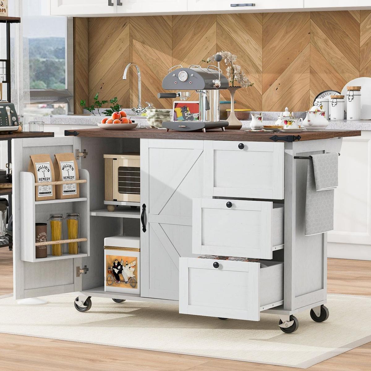 54.5" Farmhouse Kitchen Island with Power Outlet, Kitchen Storage Island with Internal Storage Rack, Drop Leaf, Spice Rack, Rolling Kitchen Cart on Wheels, for Home, Kitchen and Dining Room,White