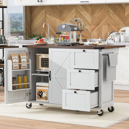 54.5" Farmhouse Kitchen Island with Power Outlet, Kitchen Storage Island with Internal Storage Rack, Drop Leaf, Spice Rack, Rolling Kitchen Cart on Wheels, for Home, Kitchen and Dining Room,White