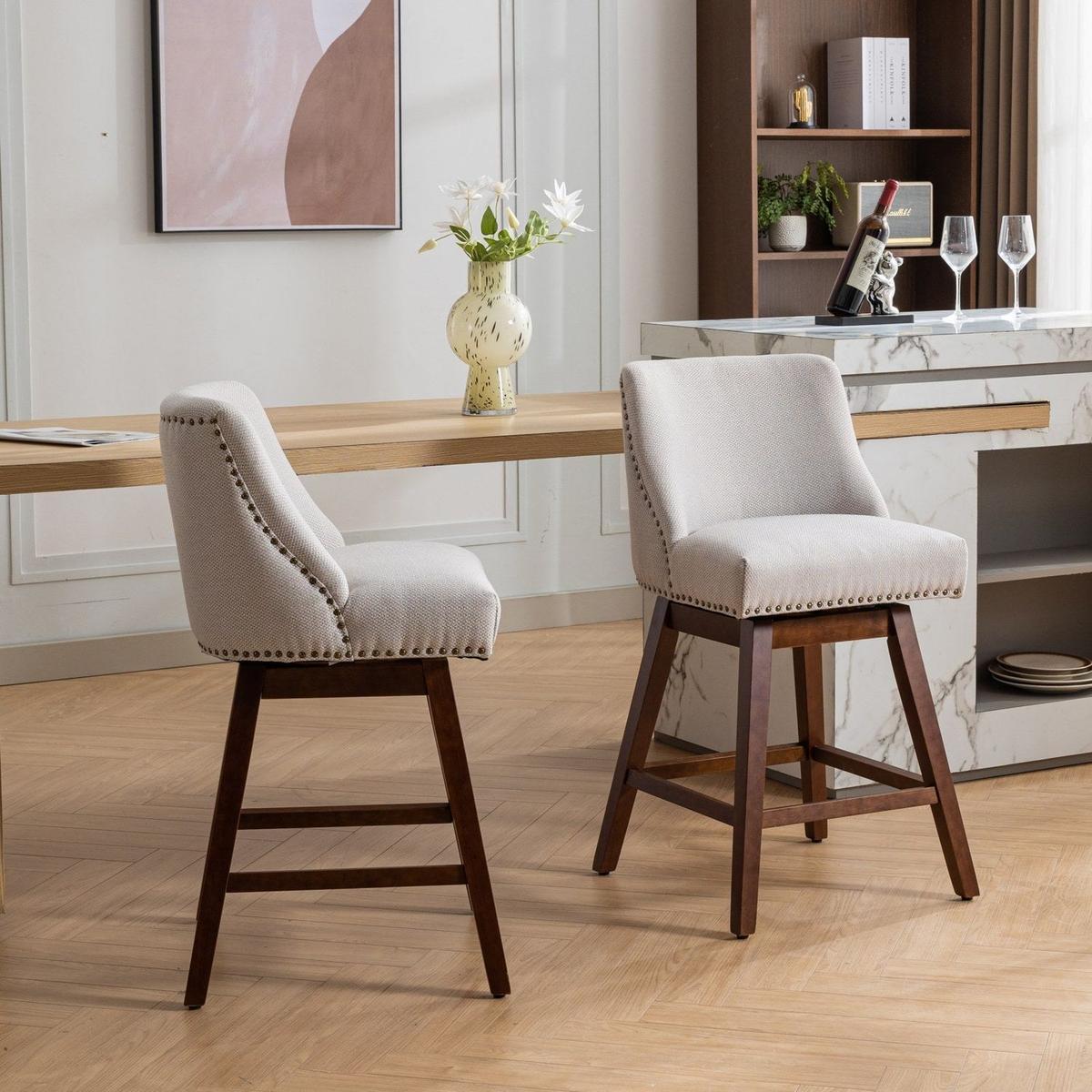 Counter Height Swivel Barstools, 26" H Seat Height Upholstered Bar Stools Set of 2, Fabric in Ivory - Streamdale Furniture