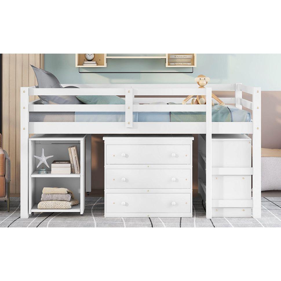 Low Study Full Loft Bed with Cabinet, Shelves and Rolling Portable Desk, Multiple Functions Bed- White