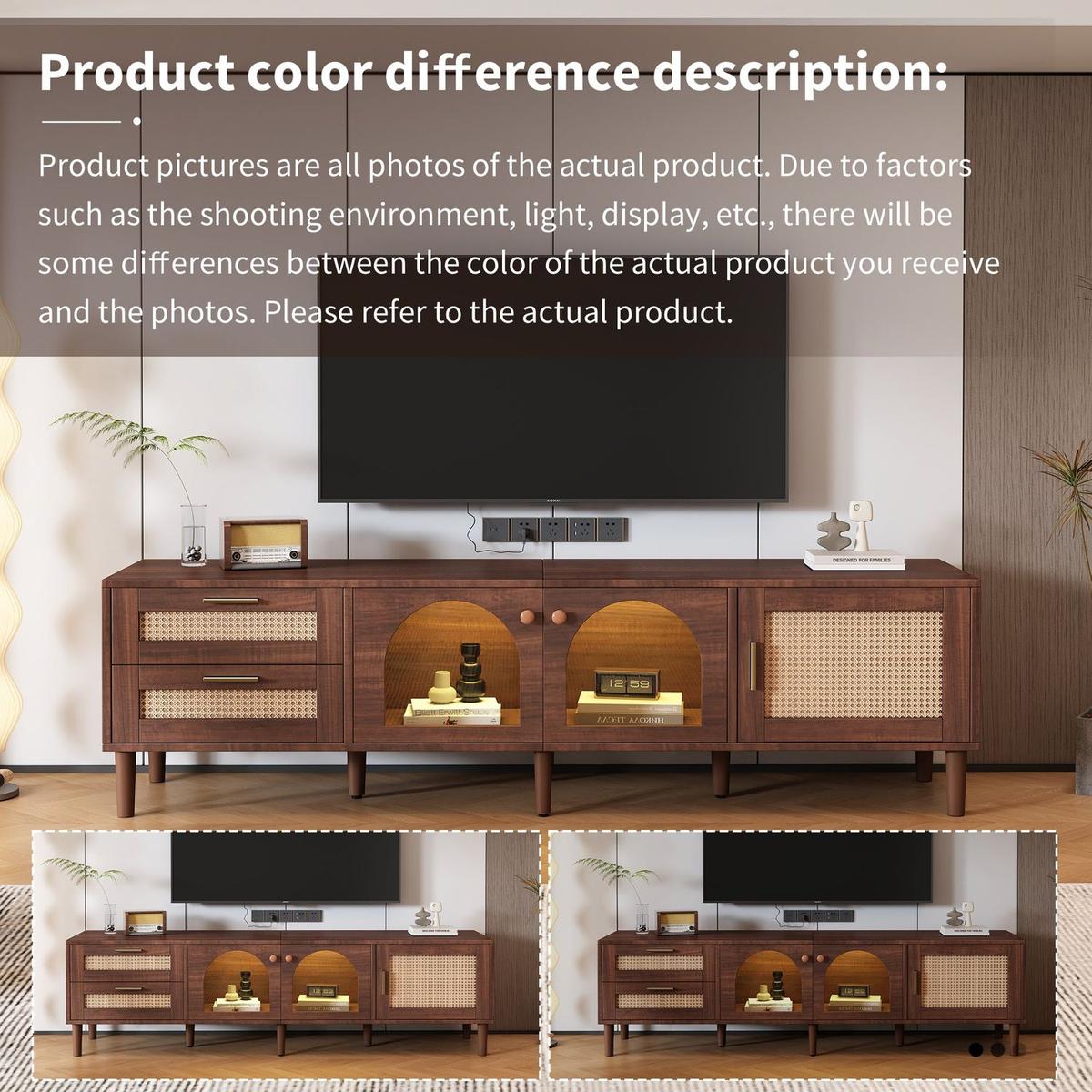 Rattan TV Stand with 3 Cabinets & 2 Drawers, Rattan-inspired Media Console Table for TVs up to 80", LED Light Entertainment Center, TV cabinet for Living room, Bedroom, Home Theatre - Streamdale Furniture
