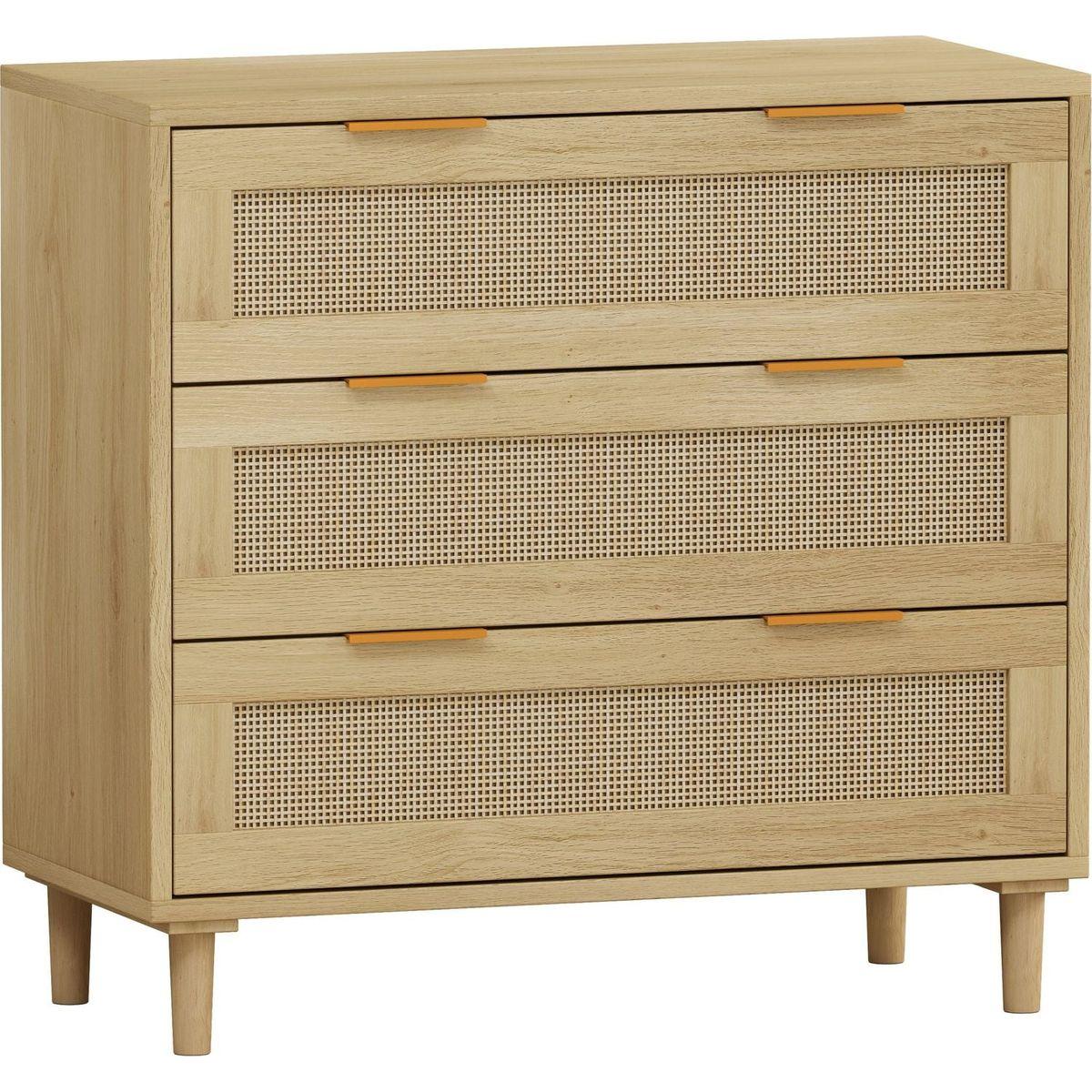 3-Drawers Rattan Storage Cabinet Rattan Drawer (Set of 2),for Bedroom,Living Room,Dining Room,Hallways,Oak
