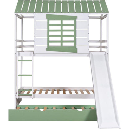 Twin over Twin Size House Bunk Bed with Convertible Slide and Trundle, White+Green
