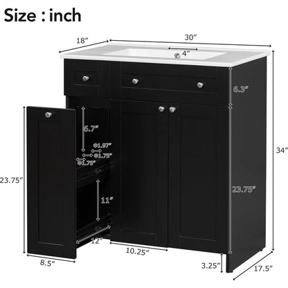 30-Inch Black Bathroom Vanity with Ceramic Sink Combo, Abundant Storage Cabinet - 2 Soft-close Doors and Double-tier Deep Drawer