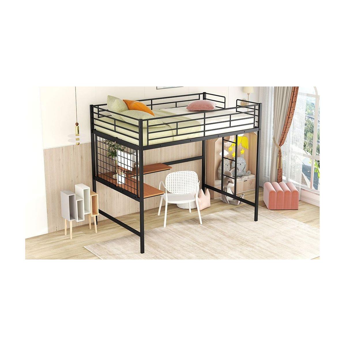 Full Metal Loft Bed with Desk and Metal Grid, Black