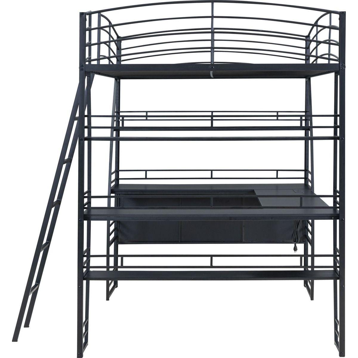 Full Size Loft Bed with 4 Layers of Shelves and L-shaped Desk, Stylish Metal Frame Bed with a set of Sockets, USB Ports and Wireless Charging, Black