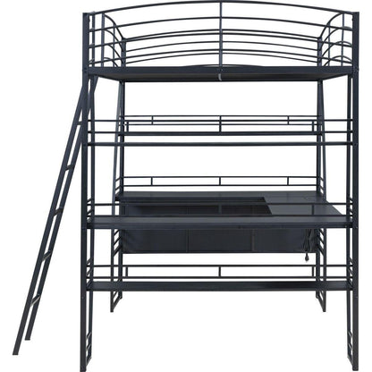 Full Size Loft Bed with 4 Layers of Shelves and L-shaped Desk, Stylish Metal Frame Bed with a set of Sockets, USB Ports and Wireless Charging, Black