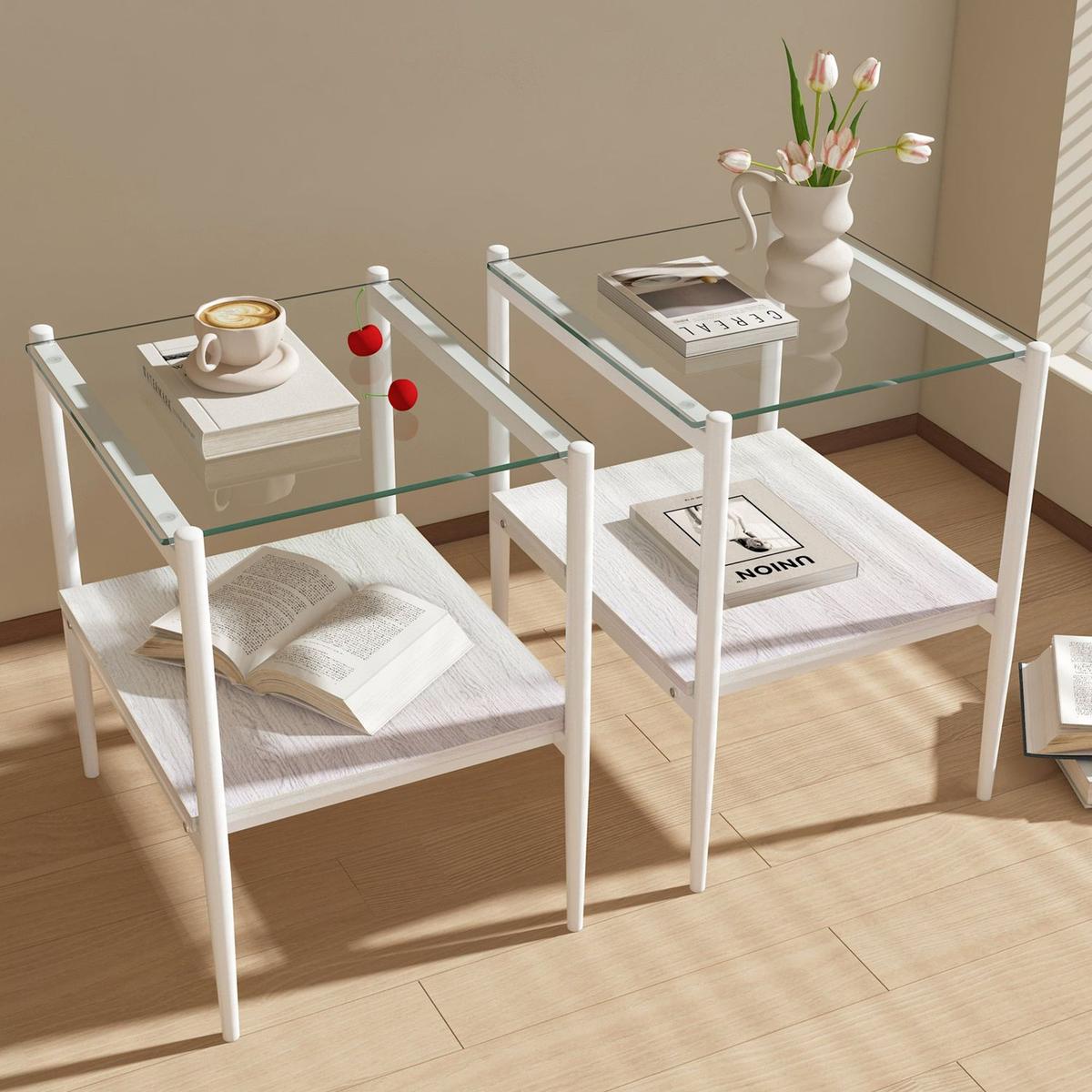 Set of 2 Rectangle End Table, Tempered Glass Tabletop with MDF layer, Modern Table for Living Room, Transparent Glass