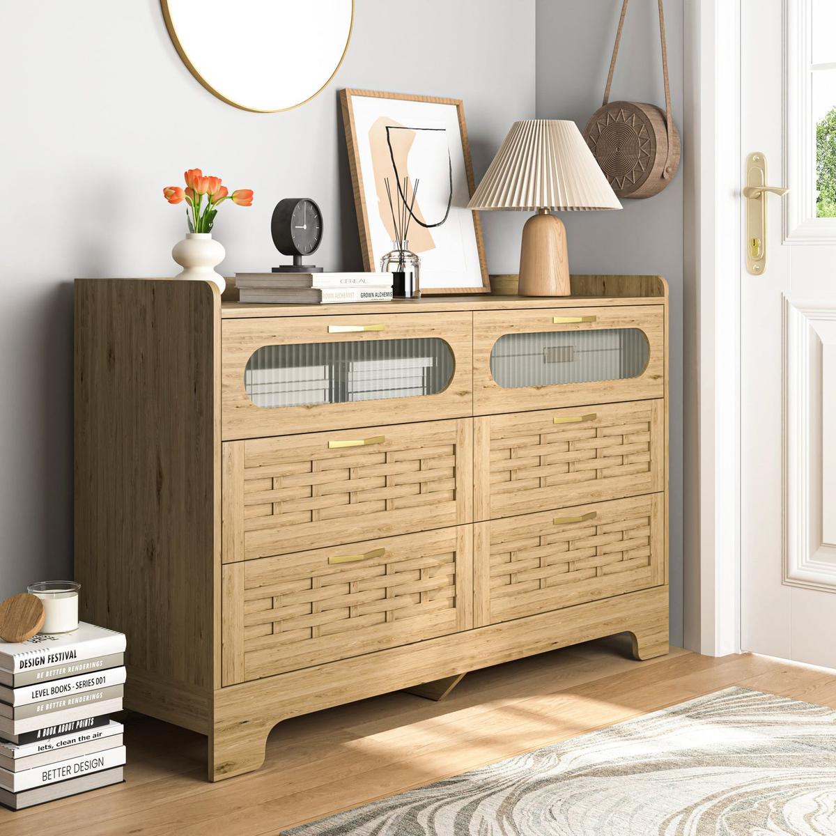 Wood 6 Drawer Dresser for Bedroom, Large Double Dresser with Wide Drawers, Modern Chest of Drawers,Storage Organizer Dresser,Nursery Dresser,for Living Room, Hallway, Bedroom, Kids Bedroom