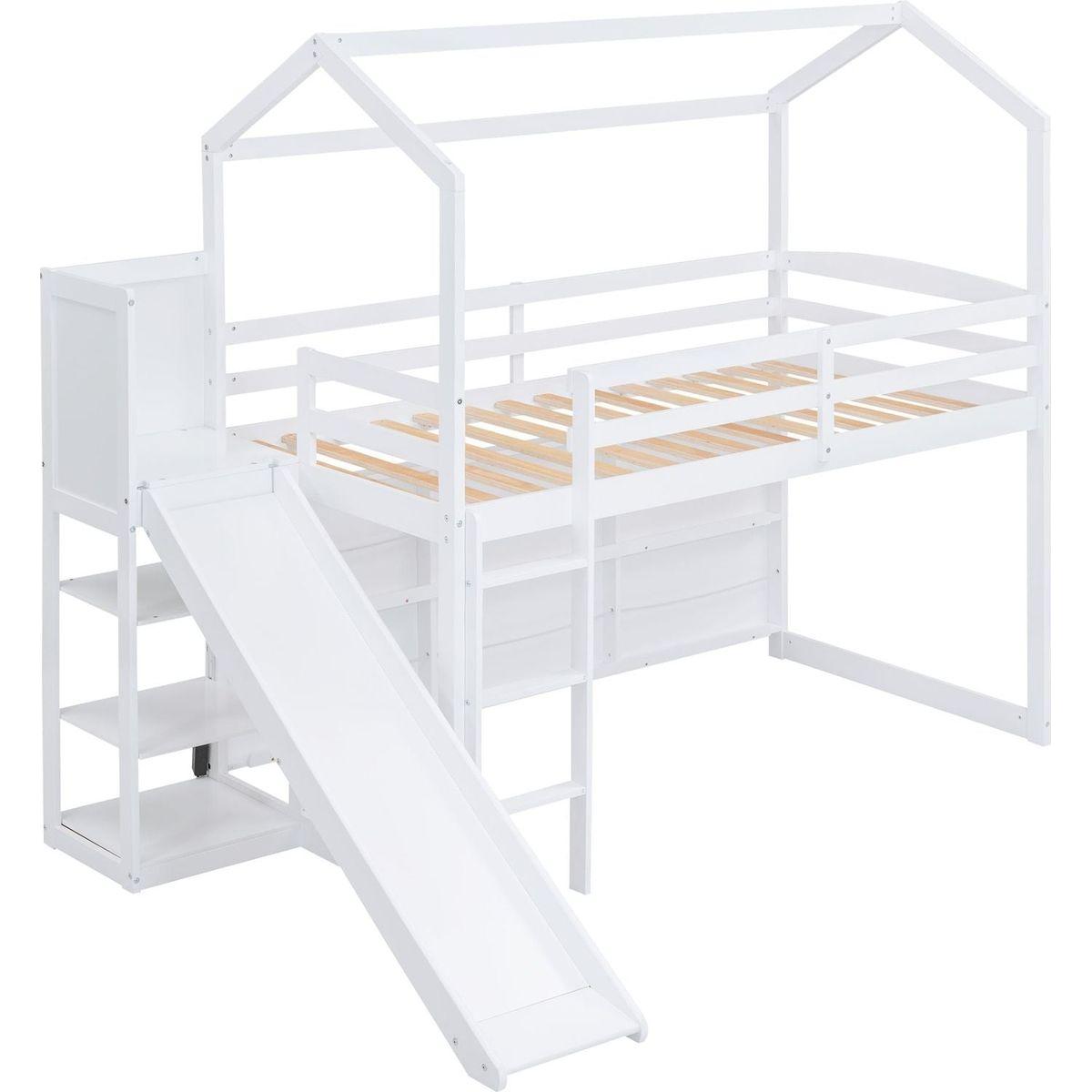 Twin Size Wood House Loft bed with Slide, Storage shelves and Light, White