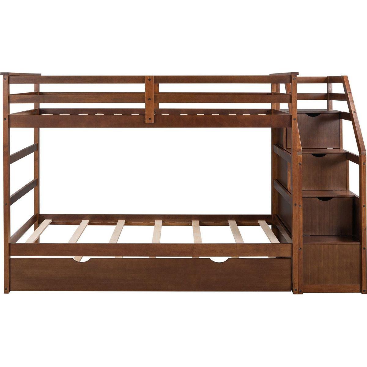 Twin-Over-Twin Bunk Bed with Twin Size Trundle and 3 Storage Stairs,Walnut
