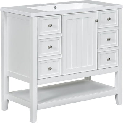 36" Bathroom Vanity with Sink Combo, One Cabinet and Three Drawers, Solid Wood and MDF Board, White