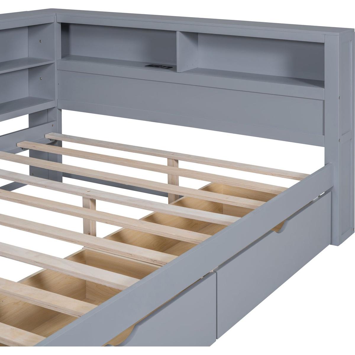 Wooden Full Size DayBed with 2 Drawers, DayBed with Storage Shelf and USB Charging Ports,Grey - Streamdale Furniture