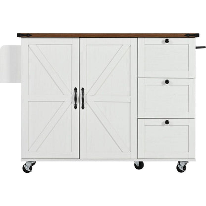 54.5" Farmhouse Kitchen Island with Power Outlet, Kitchen Storage Island with Internal Storage Rack, Drop Leaf, Spice Rack, Rolling Kitchen Cart on Wheels, for Home, Kitchen and Dining Room,White