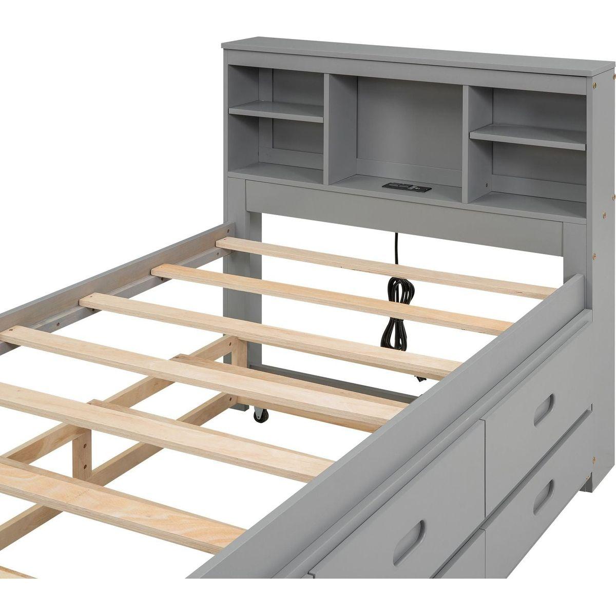 Twin Size Platform Bed with Storage Headboard, USB, Twin Size Trundle and 3 Drawers, Gray