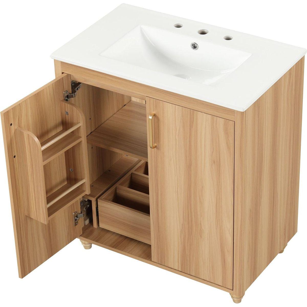 30" Bathroom Vanity with Sink Combo, Multi-functional Bathroom Cabinet with Doors and Drawer, MDF Board, Natural