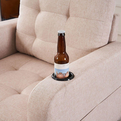 Beige Upholstered Armchair and Storage Ottoman Set - Comfortable Single Sofa with Cup Holders and Tufted Detailing, Ideal for Living Room or Bedroom