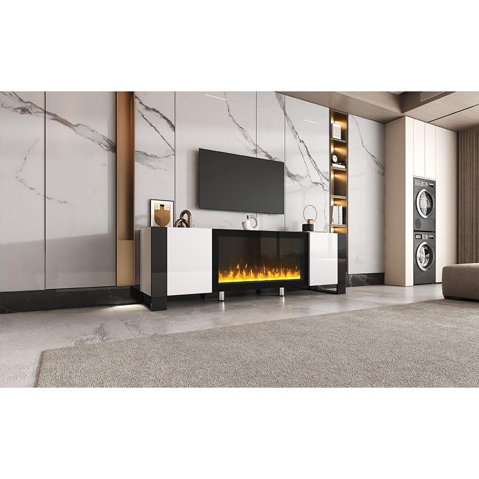 Modern TV Stand with 34.2" Non-heating Electric Fireplace, High Gloss Entertainment Center with 2 Cabinets, Media Console for TVs up to 78", White