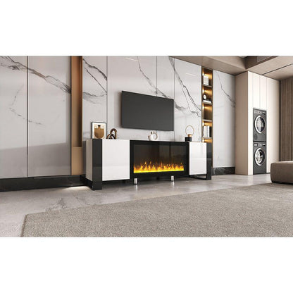 Modern TV Stand with 34.2" Non-heating Electric Fireplace, High Gloss Entertainment Center with 2 Cabinets, Media Console for TVs up to 78", White