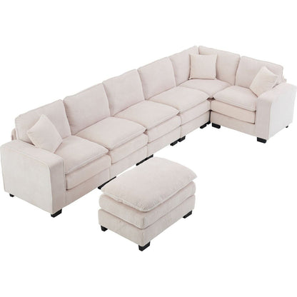 Modern U Shaped 6-seat Sectional Sofa Couch with one Ottoman and three toss pillows, Modular Sofa for Living Room,Corduroy sofa