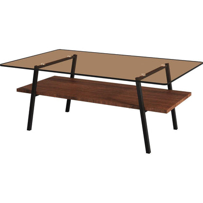 Rectangle Coffee Table, Tempered Glass Tabletop with Black Metal Legs, Modern Table for Living Room, Brown Glass