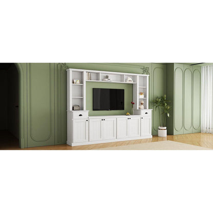 Minimalist Entertainment Wall Unit Set with Bridge for TVs Up to 75", Ample Storage Space TV Stand with Adjustable Shelves, Modernist Large Media Console for Living Room, White