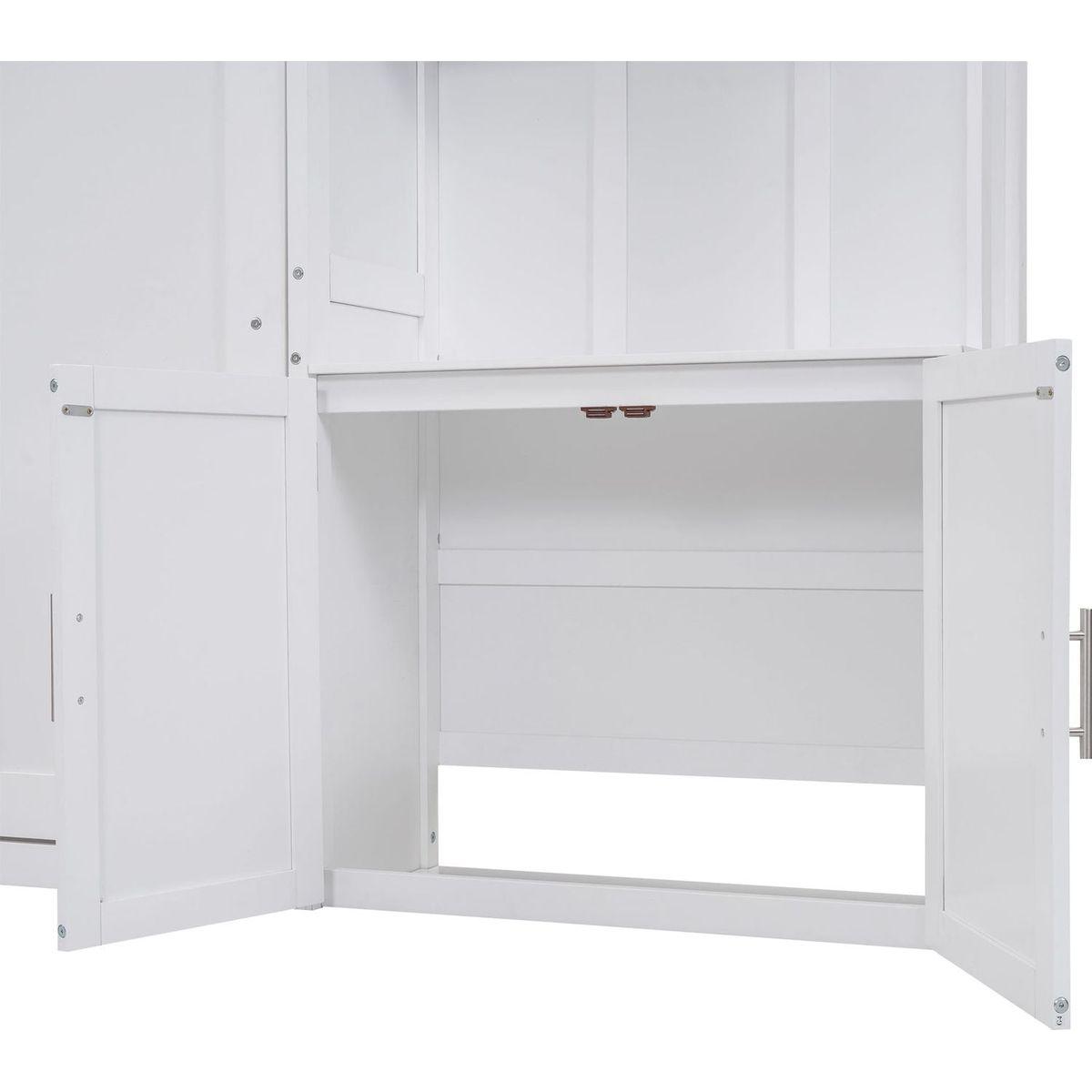 Full Size Murphy Bed with Multiple Storage Shelves and A Cabinet, White