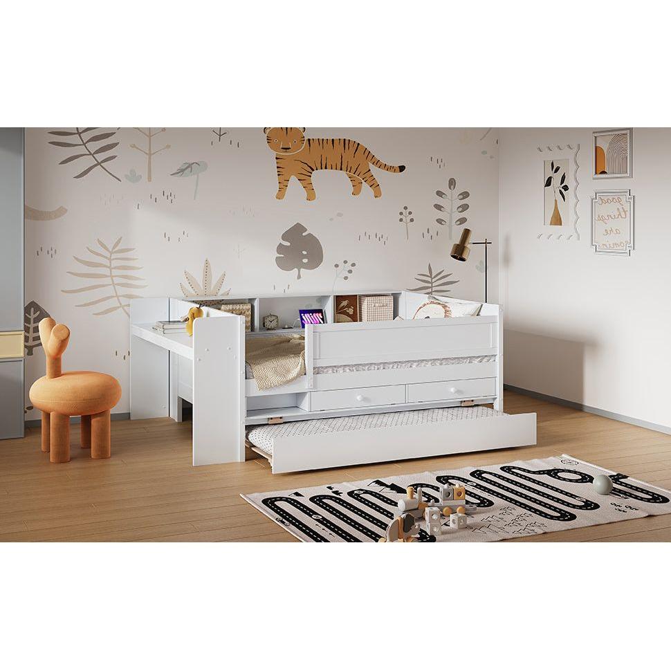 Multi-Functional Twin Daybed with Drawers and Trundle, Headboard Storage and Tables, USB Charging Station, White