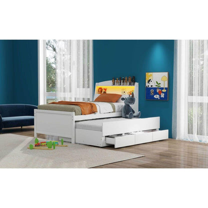 Twin Size Platform Bed with Storage LED Headboard, Twin Size Trundle and 3 Drawers, White