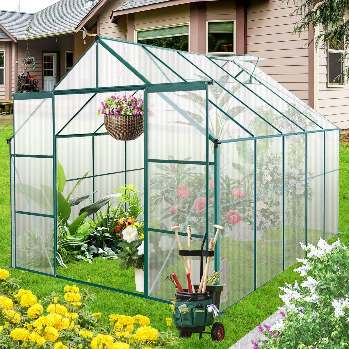 8x10FT Double Door Polycarbonate Greenhouse Raised Base and Anchor Aluminum Heavy Duty Walk-in Greenhouses for Outdoor Backyard in All Season,Green