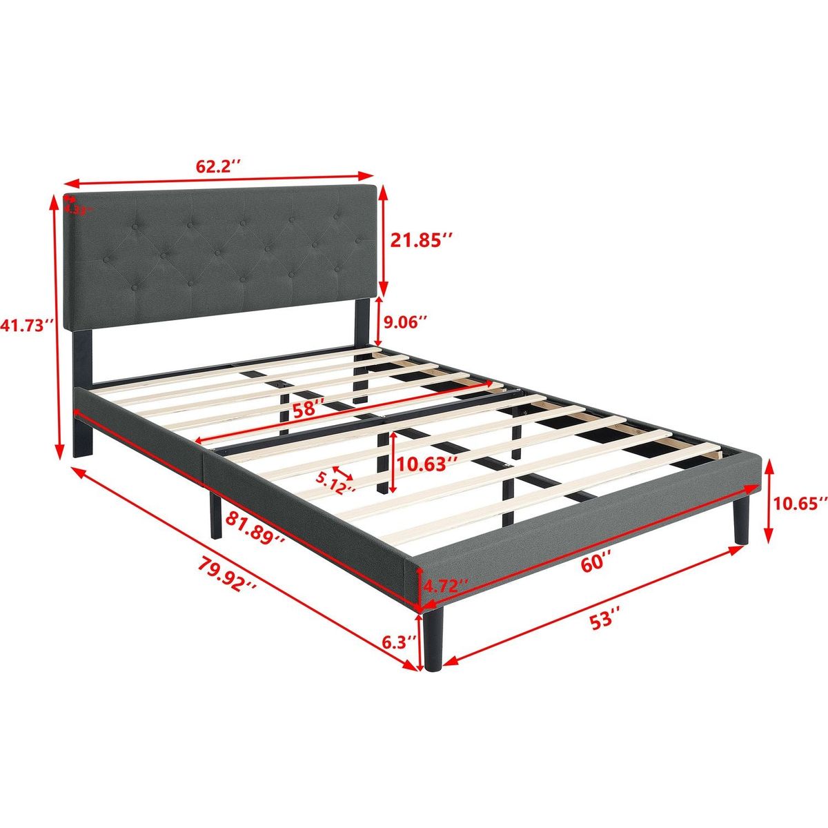 Queen Size Upholstered Platform Bed Frame with Modern Button Tufted Linen Fabric Headboard, No Box Spring Needed, Wood Slat Support, Easy Assembly, Dark Grey