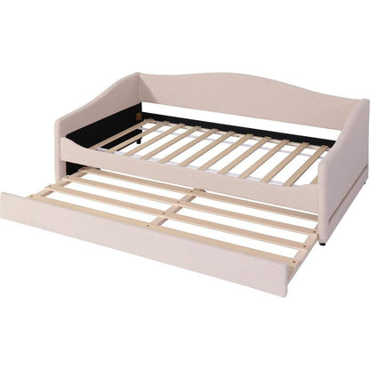 Teddy Fleece Twin Size Upholstered Daybed with Light and Trundle, Beige
