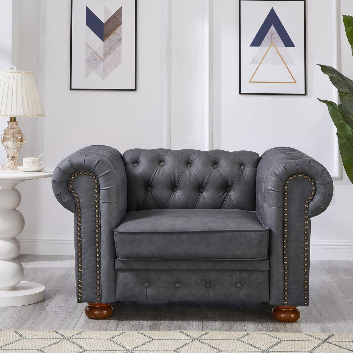 Classic Chesterfield Sofa Chair for Living Room Grey Faux Leather