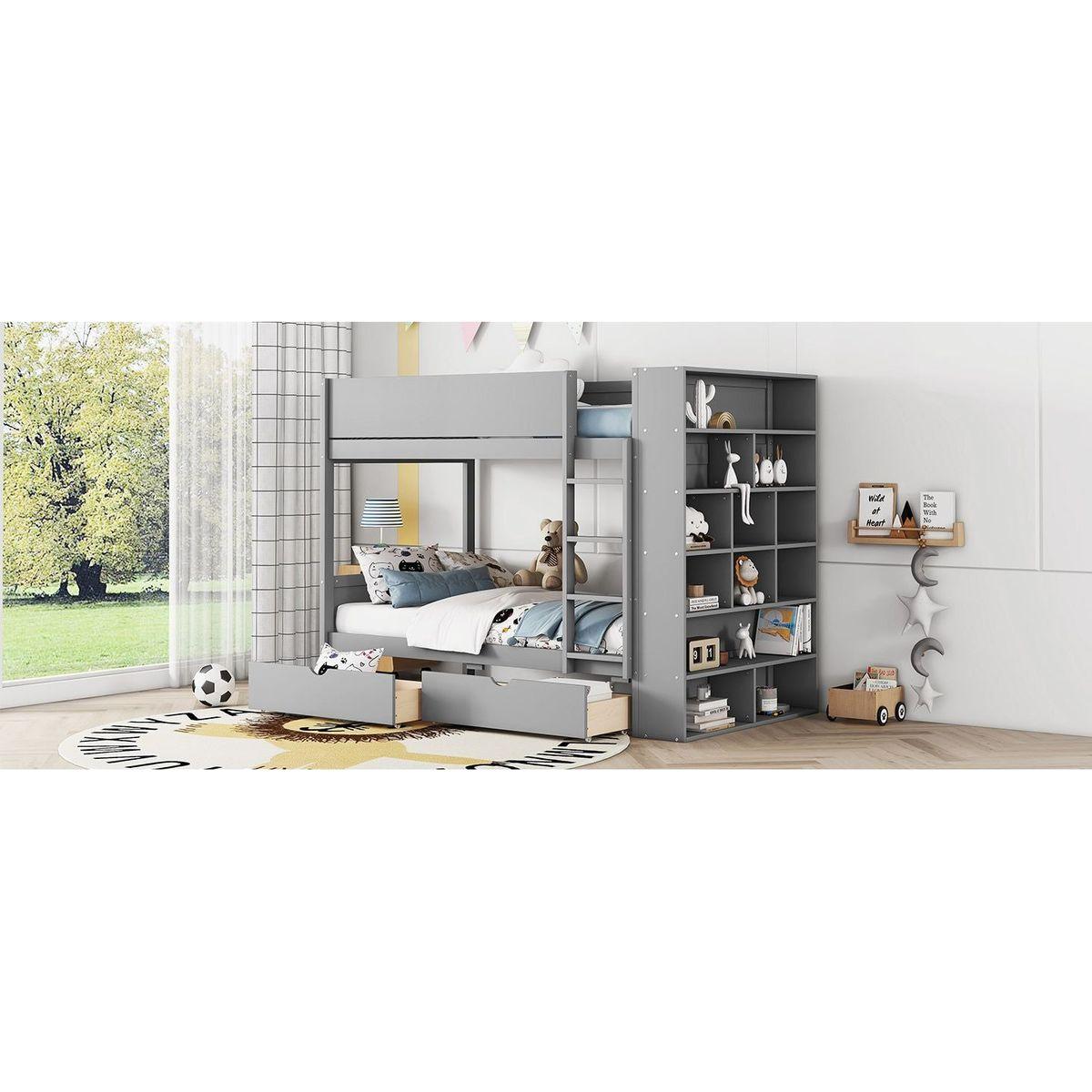 Twin over Twin Bunk Bed With 2 Drawers and Multi-layer Cabinet, Gray