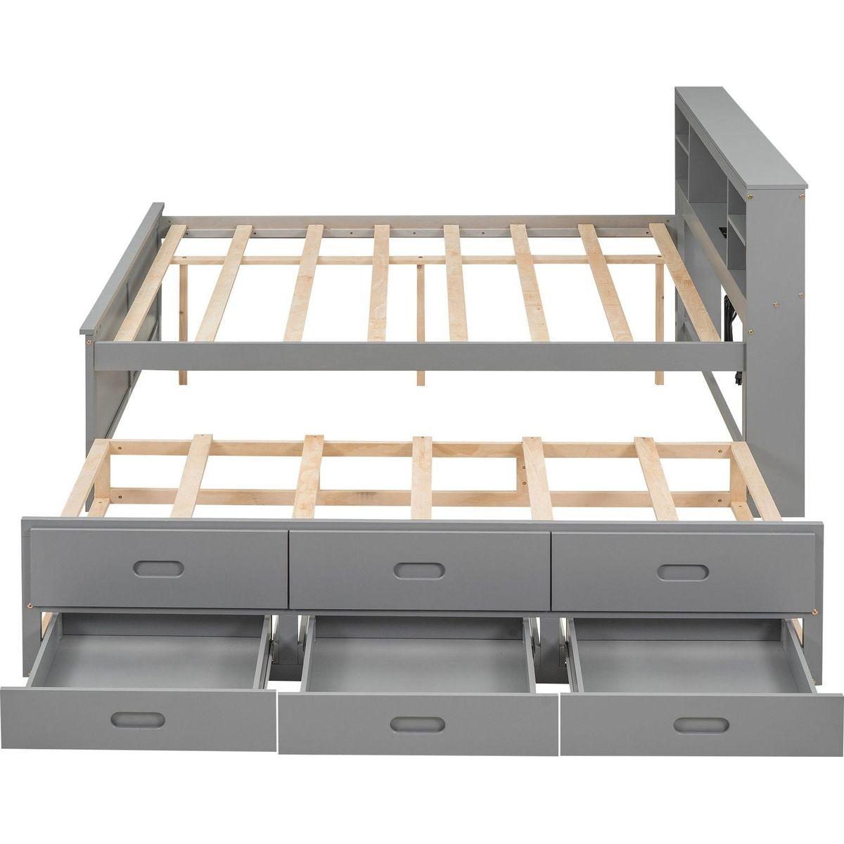 Full Size Platform Bed with Storage Headboard, USB, Twin Size Trundle and 3 Drawers, Gray