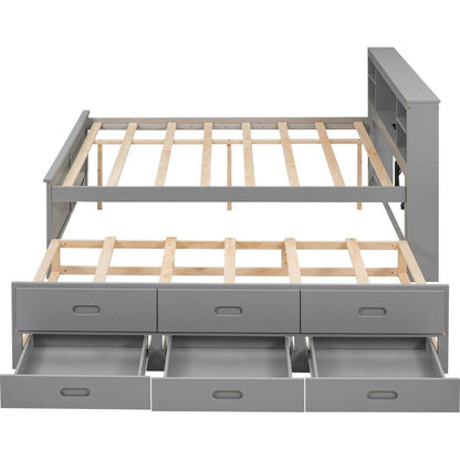 Full Size Platform Bed with Storage Headboard, USB, Twin Size Trundle and 3 Drawers, Gray