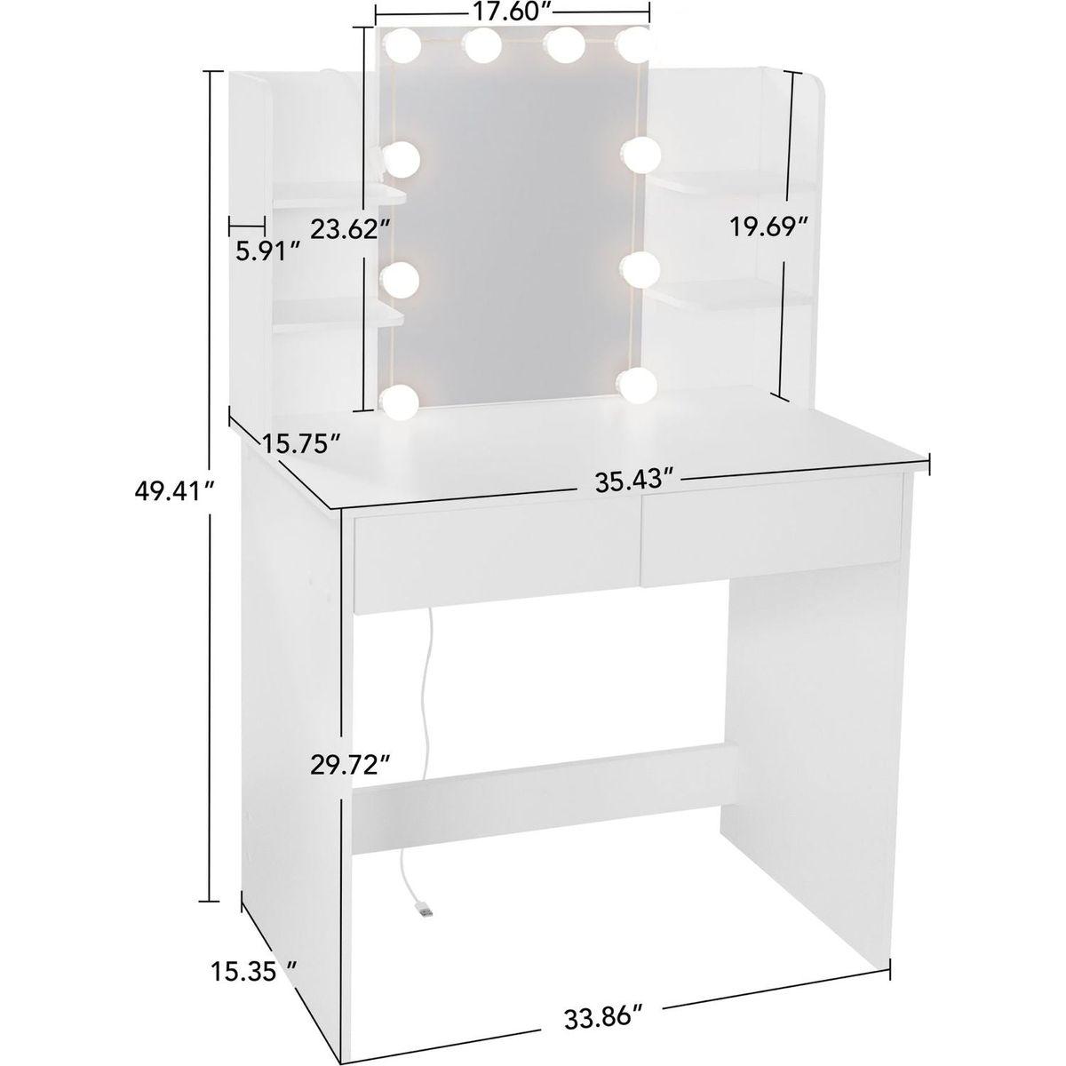 Makeup Vanity Desk With LED Lighted Mirror, Dressing Table Set With 2 Large Drawers 10 LED Light, White Color