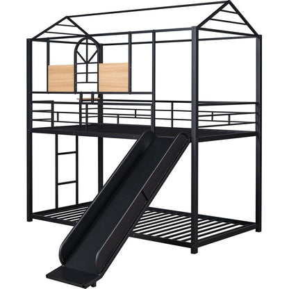 Twin Over Twin Metal Bunk Bed, Metal Housebed With Slide,Three Colors Available.(Black with Black Slide)