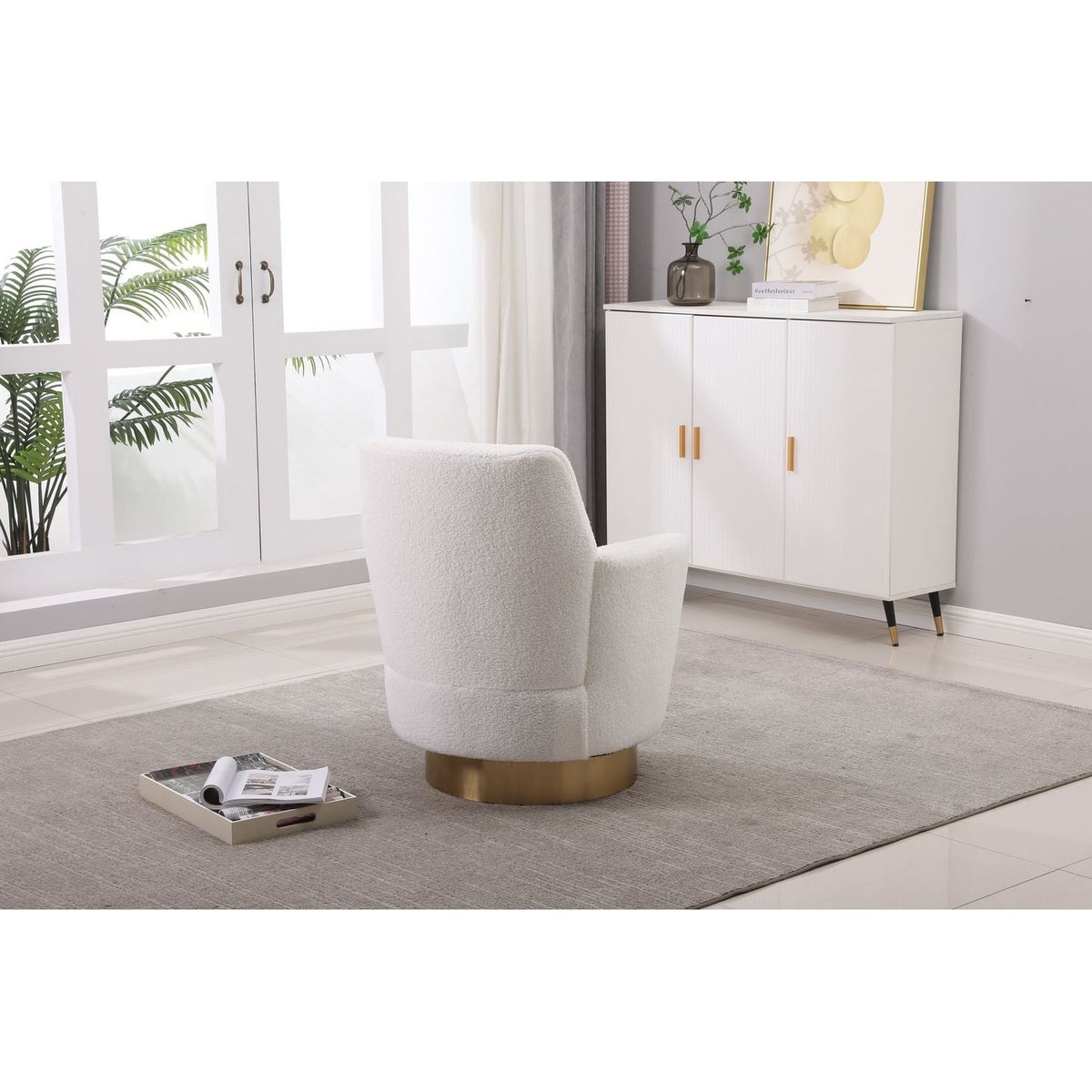 Teddy Swivel Barrel Chair, Swivel Accent Chairs Armchair for Living Room, Reading Chairs for Bedroom Comfy, Round Barrel Chairs with Gold Stainless Steel Base (Ivory)