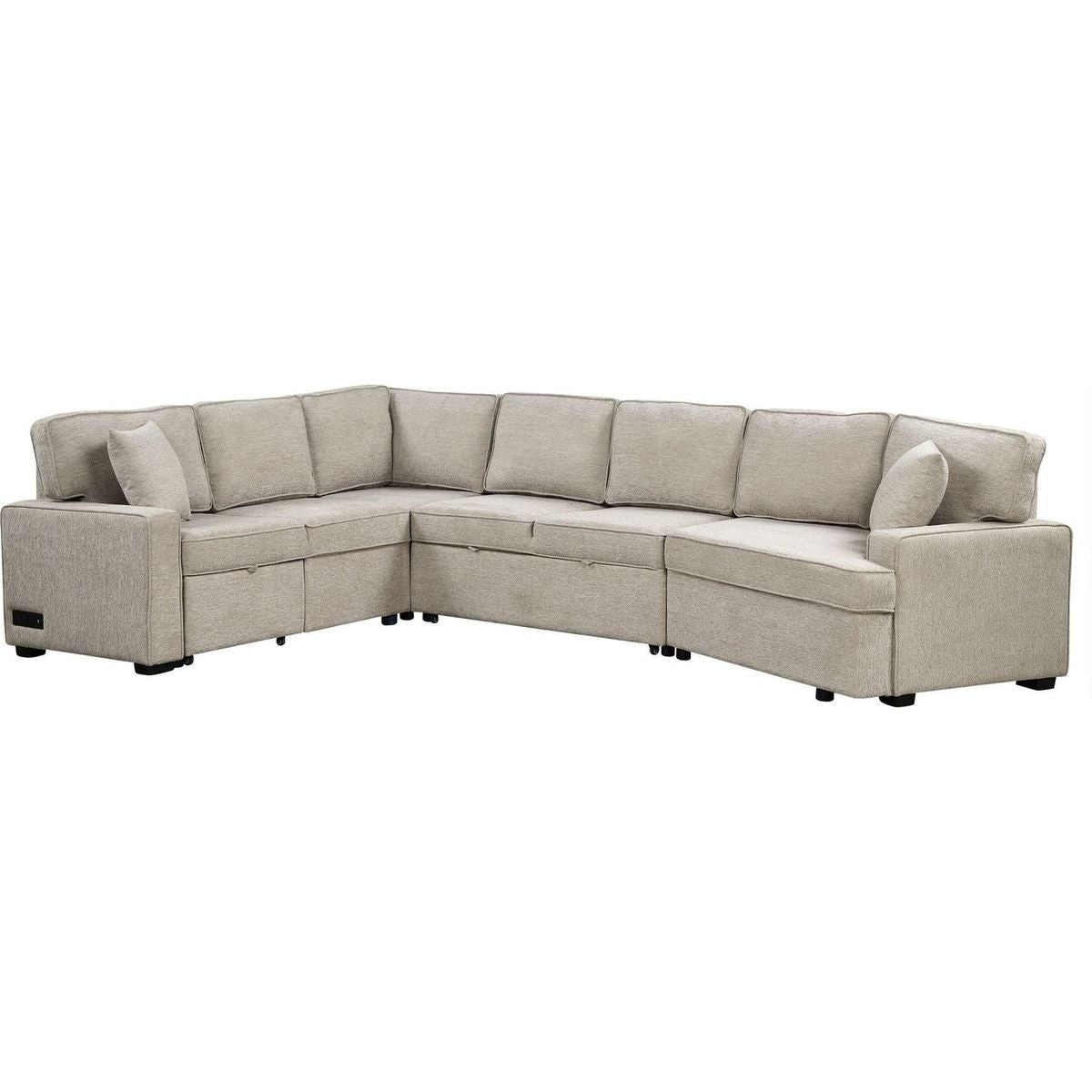 126" L-shaped Sofa Sectional Sofa Couch Pull-out Sofa Bed with Charging Devices and Cup Holders for Living Room, Beige