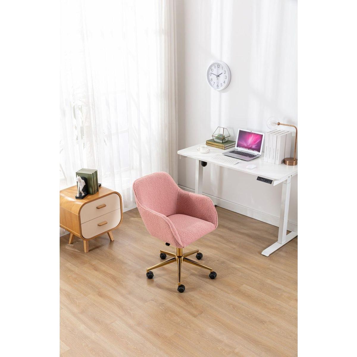 Modern Teddy Fabric Material Adjustable Height 360 Revolving Home Office Chair With Gold Metal Legs And Universal Wheel For Indoor,Pink