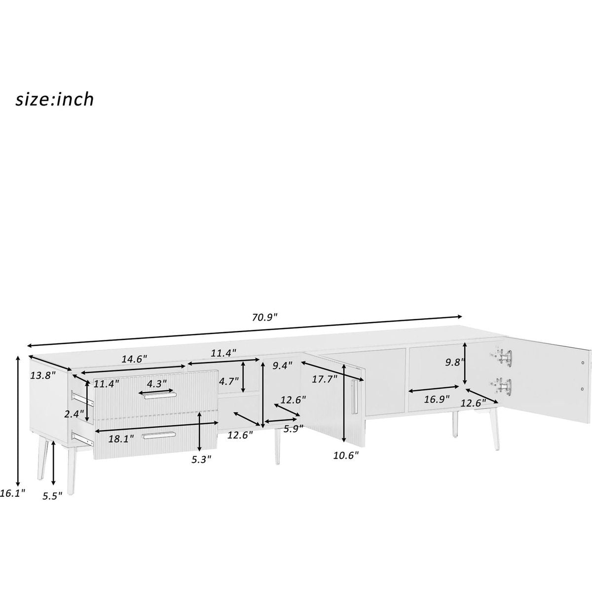 Modern TV Stand with 5 Champagne legs - Durable, stylish, spacious, versatile storage TVS up to 77" (White)