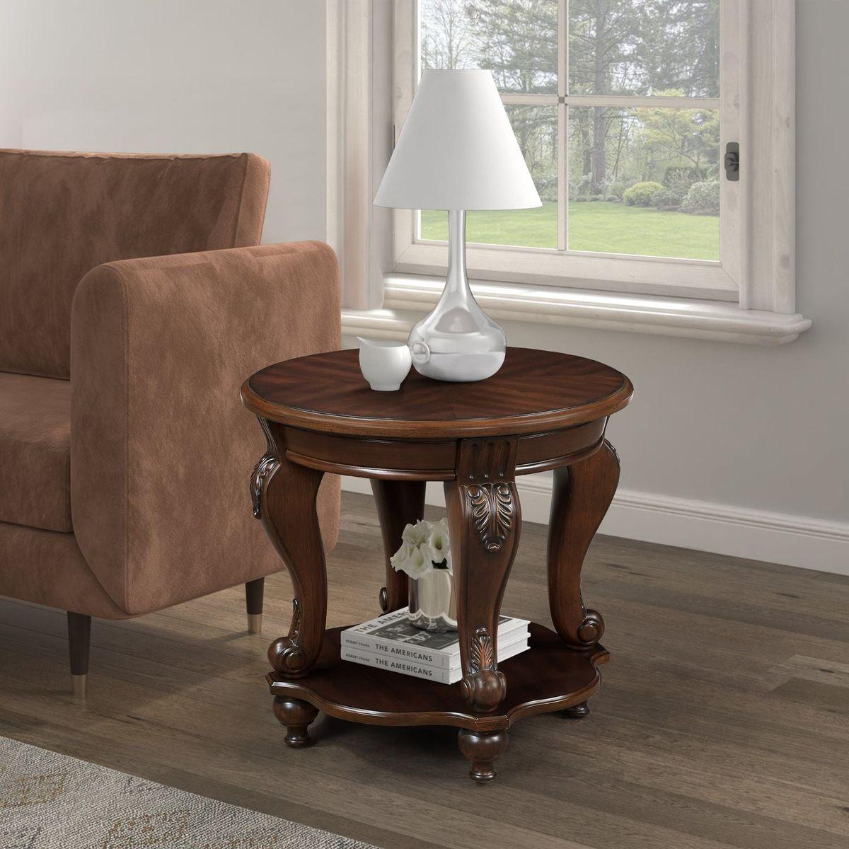 22" Retro Round End Table,Solid Wood Sofa Side Table with Shelf,Living Room Corner Table Easy Assemble,Cherry (color written on box is Light Espresso