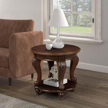 22" Retro Round End Table,Solid Wood Sofa Side Table with Shelf,Living Room Corner Table Easy Assemble,Cherry (color written on box is Light Espresso