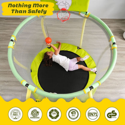 4FT Trampoline for Kids - 48" Indoor Mini Toddler Trampoline with Enclosure, Basketball Hoop and Ball Included, Arc Designed and Full Surrounded for Extra Protection