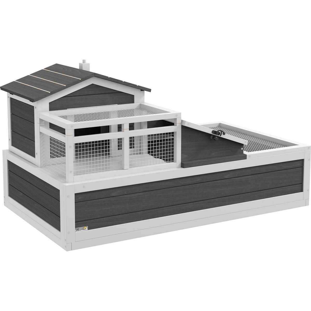 3-Room Tortoise House Habitat with Balcony & 2 Stories, Indoor/Outdoor Wooden Tortoise Enclosure with Ladder, Tray, Openable Roof, Large Reptile Cage, 44" x 25.5" x 23", Gray