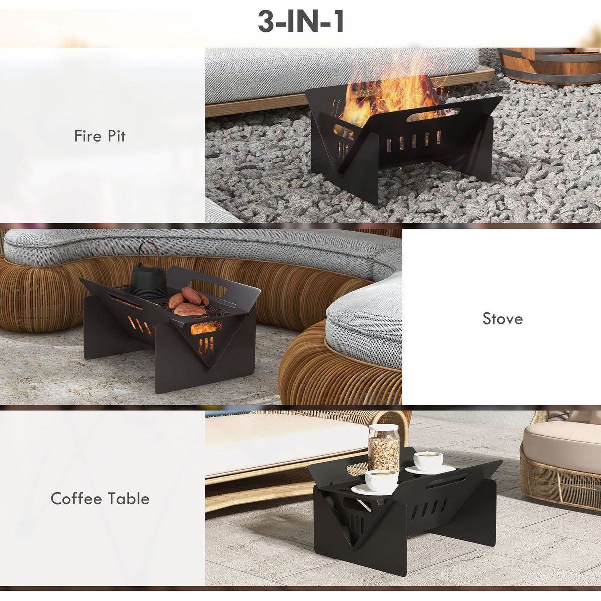 3-In-1 Portable Fire Pit, Stove, Coffee Table, Wood Burning Firepit with Carrying Bag and Quick Assembly for Camping, Bonfire, Picnic, Backyard, Patio, Black
