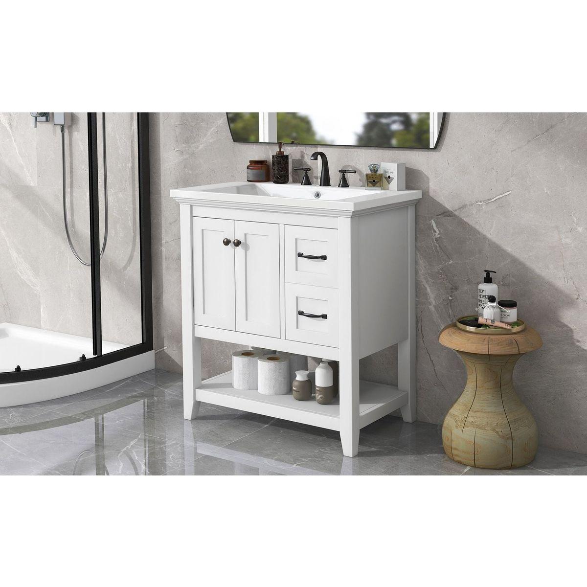 30" Bathroom Vanity with Ceramic Sink Top, Vanity Cabinet with Multi-Functional Drawer, Solid Wood Legs, White