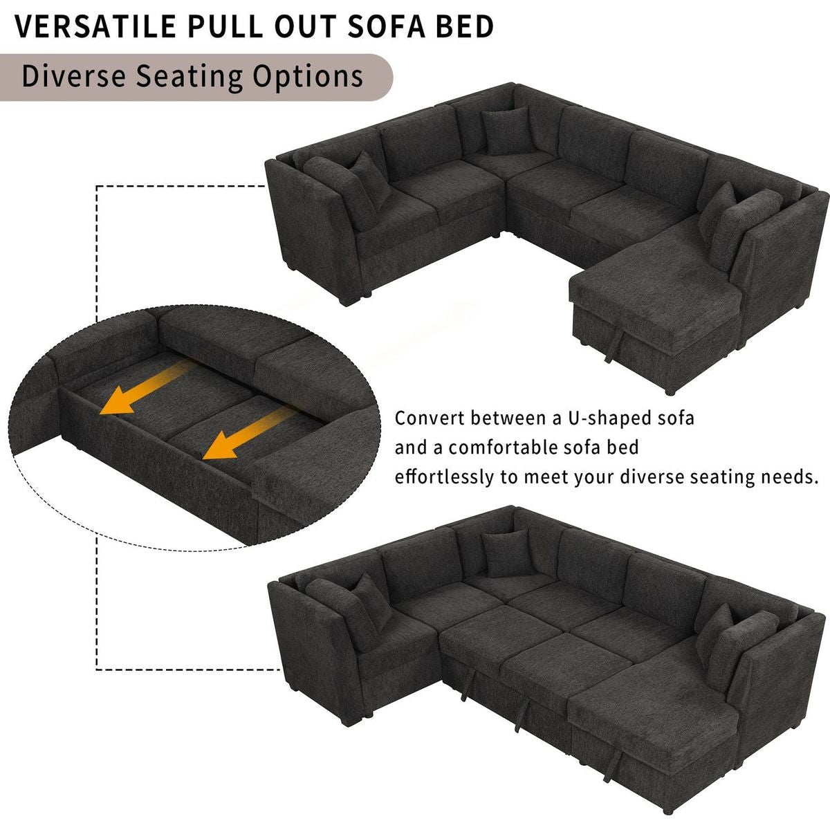 108.6" U-shaped Sectional Sofa Pull out Sofa Bed with Two USB Ports, Two Power Sockets, Three Back Pillows and a Storage Chaise for Living Room, Black